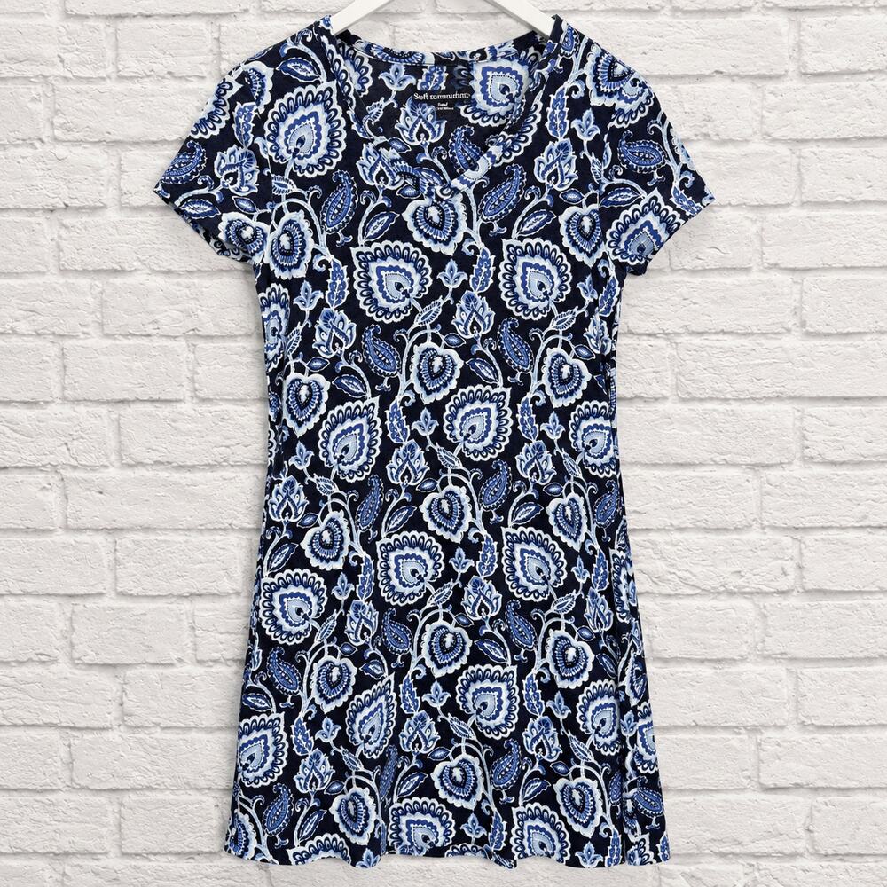 Soft Surroundings Short Sleeve Shirt Dress Size S Navy Blue Paisley Pockets